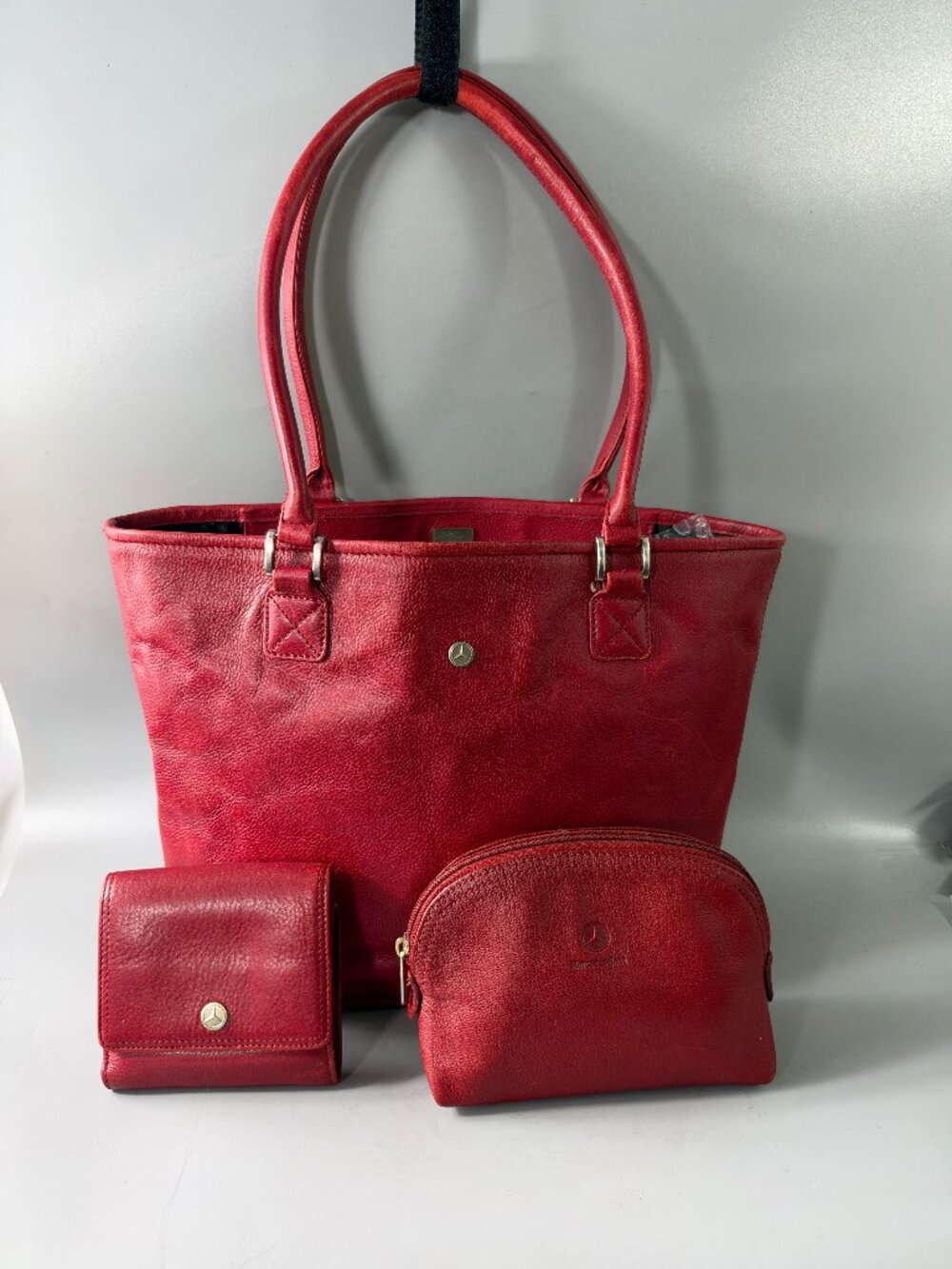 1 Set of 3 Mercedes Benz Red Leather Tote with a Makeup pouch & a Wallet